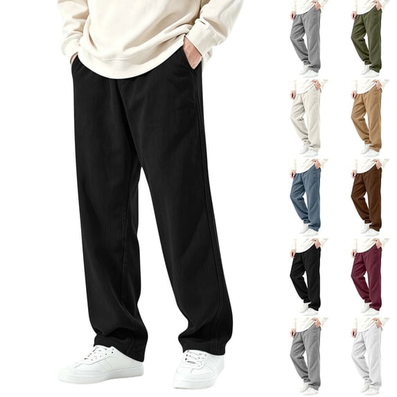 Fanshiluo Men's Corduroy Wide Leg Casual Pants, Elastic Waist Straight Loose Fit Trousers,XL,Big and Tall Men