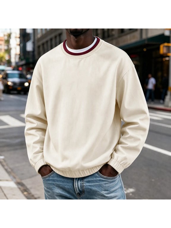 Men's Crew Neck Long Sleeve Sweatshirt, Color Block Rib Collar Casual Pullover Sweatshirts for Daily Wear,Size S-3XL