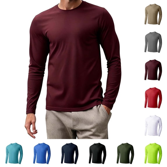 Fanshiluo Men's Crew Neck Solid Long Sleeve T‑Shirt, Slim Fit Casual ...