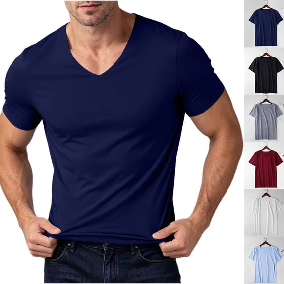Fanshiluo Men's Deep V Neck Short Sleeve T-Shirt, Fitted Stretchy Daily Casual Shirt,Size:XXXXXL,Big and Tall Men