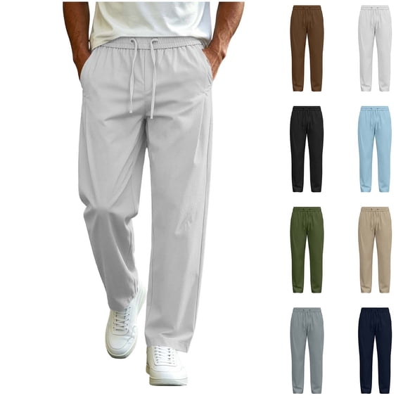 Fanshiluo Men's Drawstring Elastic Waist Straight Leg Pants, Lightweight Casual Trousers for Spring Summer,L,Big and Tall Men