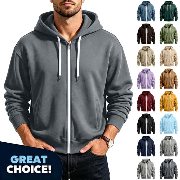 Fanshiluo Men's Full Zip‑Up Long Sleeve Hoodie, Solid Color Casual Hooded Sweatshirt Jacket with Pockets,Size XL