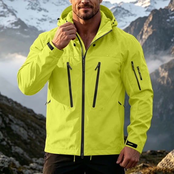 Fanshiluo Men's Hooded Waterproof Full-Zip Long Sleeve Jacket, Windproof Outdoor Shell Coat with Multiple Zipper Pockets for Men,XXXL,Big and Tall Men