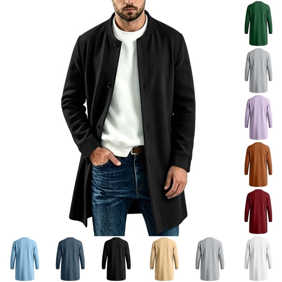 Fanshiluo Men's Mid‑Length Single Breasted Button Blend Coat, Long Sleeve Casual Outerwear,Size S-3XL