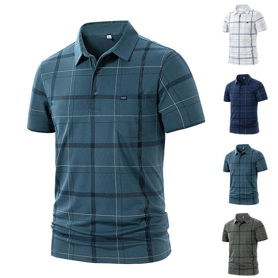 Fanshiluo Men's Plaid Short Sleeve Polo Shirt, Collared Casual Top with Pocket,Size:L,Big and Tall Men