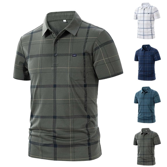 Fanshiluo Men's Plaid Short Sleeve Polo Shirt, Collared Casual Top with Pocket,Size:XL,Big and Tall Men