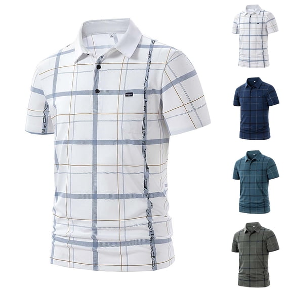 Fanshiluo Men's Plaid Short Sleeve Polo Shirt, Collared Casual Top with Pocket,Size:XXXXL,Big and Tall Men