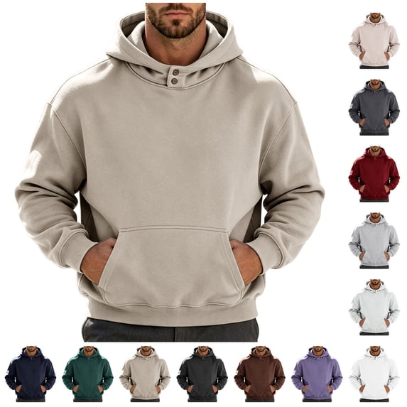 Fanshiluo Men's Pullover Hoodie Sweatshirt, Solid Color Hooded Top with Button Collar and Kangaroo Pocket,Size L