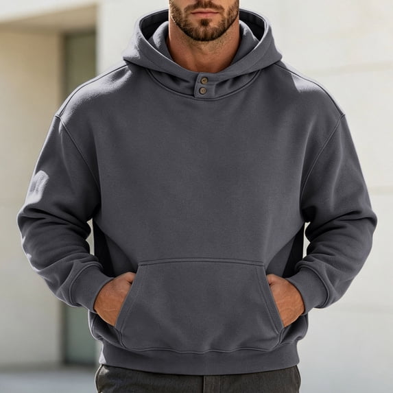 Fanshiluo Men's Pullover Hoodie Sweatshirt, Solid Color Hooded Top with Button Collar and Kangaroo Pocket,Size M
