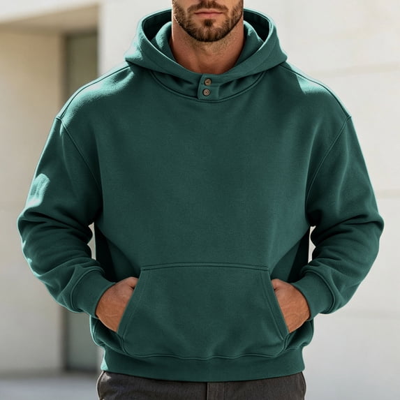 Fanshiluo Men's Pullover Hoodie Sweatshirt, Solid Color Hooded Top with Button Collar and Kangaroo Pocket,Size XL