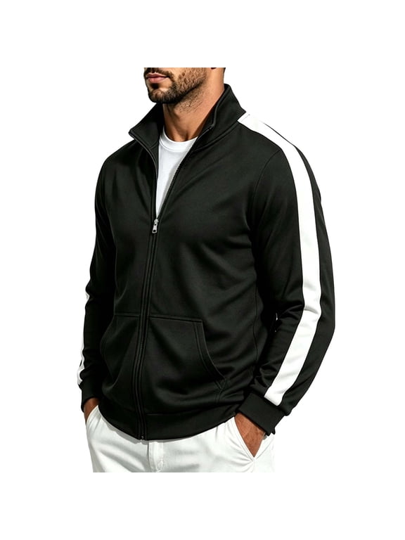 Men's Stand Collar Full-Zip Long Sleeve Track Jacket, Contrast Side Stripes Athletic Jacket with Pockets for Men,M,Big and Tall Men