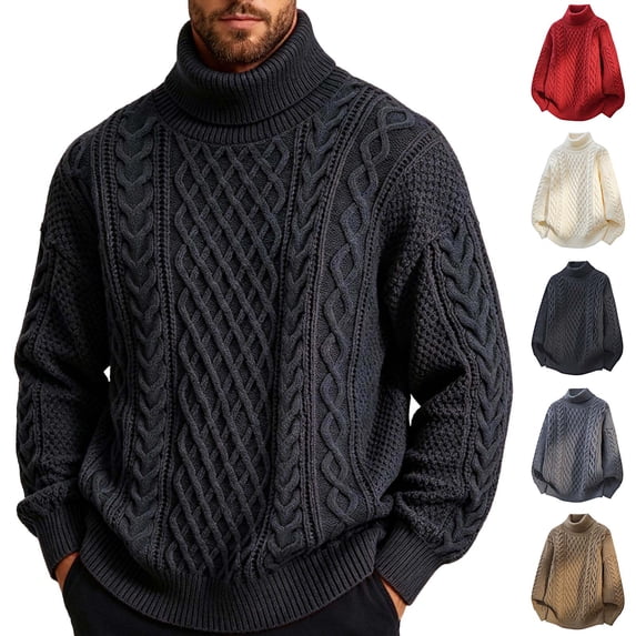 Fanshiluo Men's Turtleneck Cable Knit Sweater, Long Sleeve Pullover Knit Top,Size M,Big and Tall Men