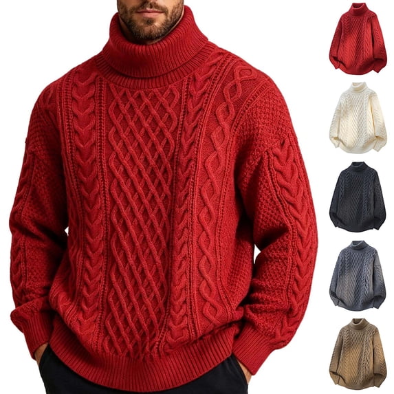 Fanshiluo Men's Turtleneck Cable Knit Sweater, Long Sleeve Pullover Knit Top,Size S,Big and Tall Men