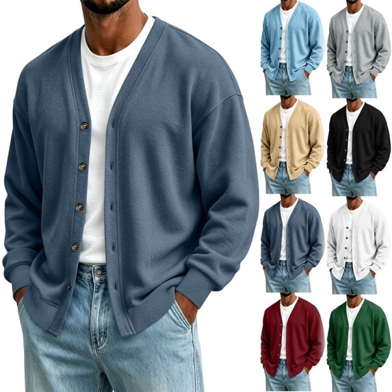 Fanshiluo Men's V‑Neck Button‑Front Long Sleeve Knit Cardigan, Relaxed Fit Sweater Cardigan with Pockets for Men,XXL,Big and Tall Men