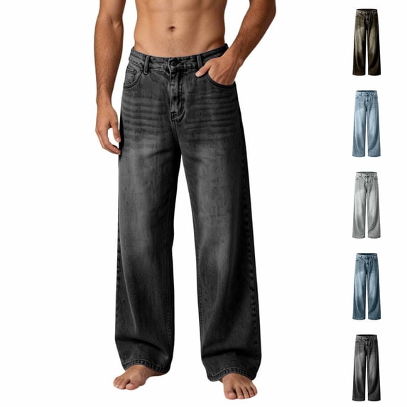 Fanshiluo Men's Washed Wide Leg Jeans, Mid Rise Loose Fit Vintage Denim Trousers,L,Big and Tall Men