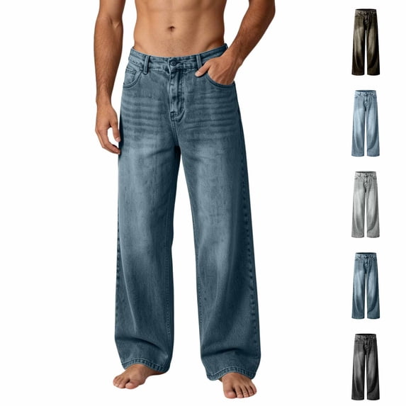 Fanshiluo Men's Washed Wide Leg Jeans, Mid Rise Loose Fit Vintage Denim Trousers,L,Big and Tall Men