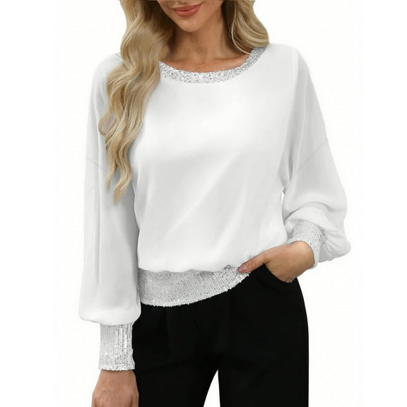 Fanshiluo No Boundaries Women's Fall Crewneck Tops with Long Sleeve,Womens Trend Sparkle Sequin Dressy Pullover Shirts ,Women's Plus White,Size L