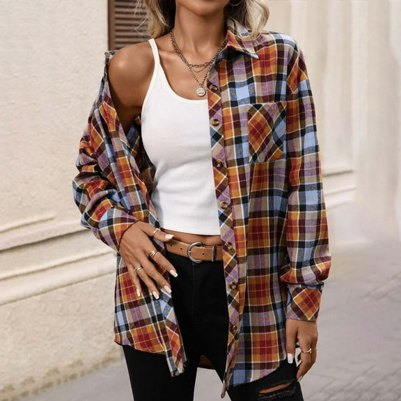 Fanshiluo No Boundaries Women's Plaid Button Down Shirt with Long Sleeve, Womens Fleece Dressy Flannel Shirt with Pocket,Women's Plus Plaid,Size S