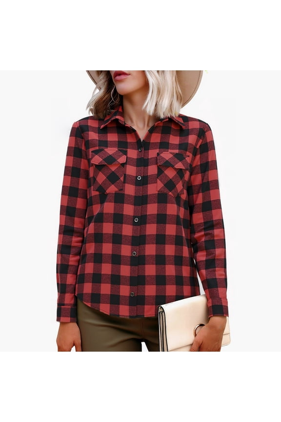 Women's Plaid Button Down Shirt with Long Sleeve, Womens Fleece Dressy Flannel Shirt with Pocket,Women's Plus Red,Size S