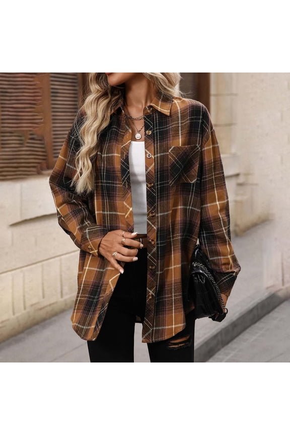 Women's Plaid Button Down Shirt with Long Sleeve, Womens Fleece Dressy Flannel Shirt with Pocket,Women's Plus Yellow,Size XL
