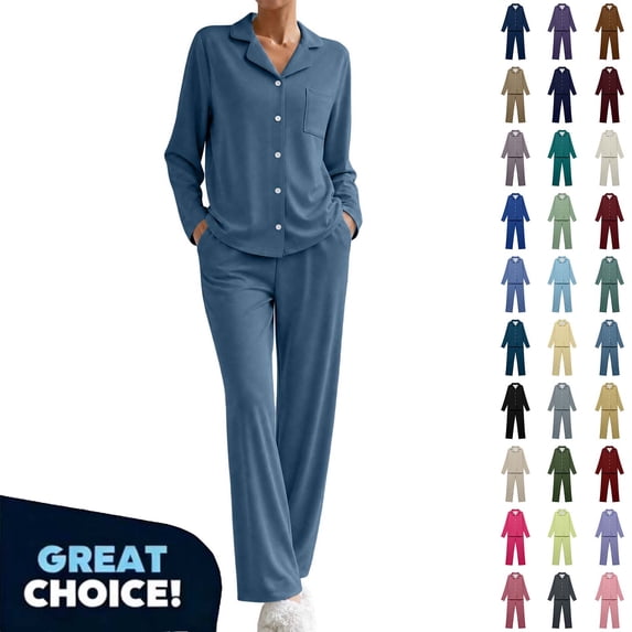 Fanshiluo Women's 2 Piece Pajama Set, Notch Collar Long Sleeve Button Down Top and Straight Leg Pants Loungewear,Women's Size S-5XL