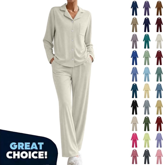 Fanshiluo Women's 2 Piece Pajama Set, Notch Collar Long Sleeve Button Down Top and Straight Leg Pants Loungewear,Women's Size S-5XL