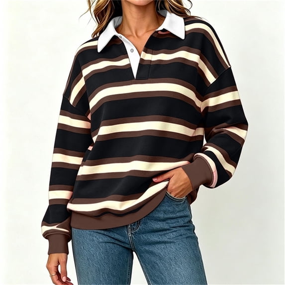 Fanshiluo Women's Drop Shoulder Collared Striped Sweatshirt, Contrast Loose Long Sleeve Pullover Top,Size S-2XL