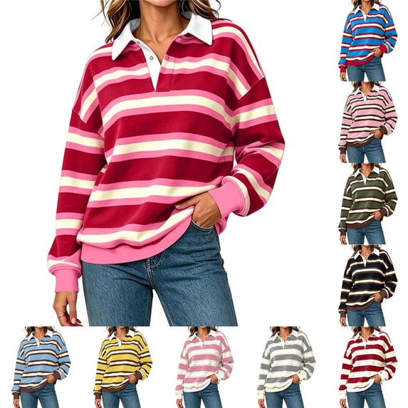 Fanshiluo Women's Drop Shoulder Collared Striped Sweatshirt, Contrast Loose Long Sleeve Pullover Top,Size S-2XL