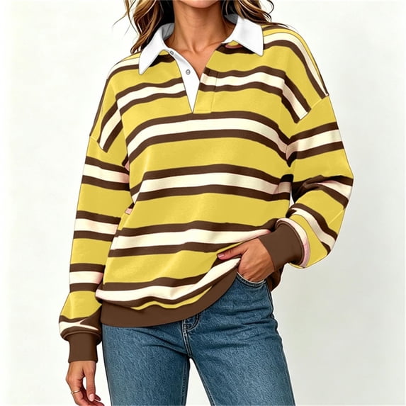 Fanshiluo Women's Drop Shoulder Collared Striped Sweatshirt, Contrast Loose Long Sleeve Pullover Top,Size S-2XL