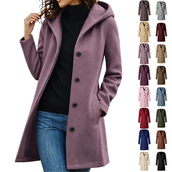 Fanshiluo Women's Hooded Mid Length Single Breasted Coat, Casual Outerwear with Pockets for Fall Winter,Size S-3XL