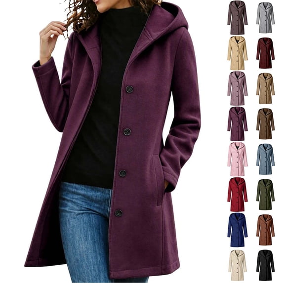 Fanshiluo Women's Hooded Mid Length Single Breasted Coat, Casual Outerwear with Pockets for Fall Winter,Size S-3XL