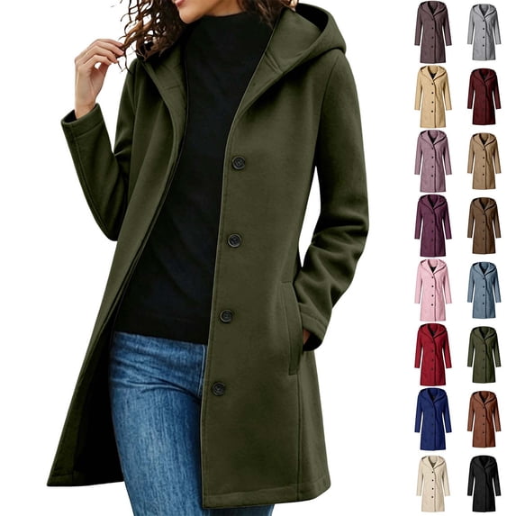 Fanshiluo Women's Hooded Mid Length Single Breasted Coat, Casual Outerwear with Pockets for Fall Winter,Size S-3XL