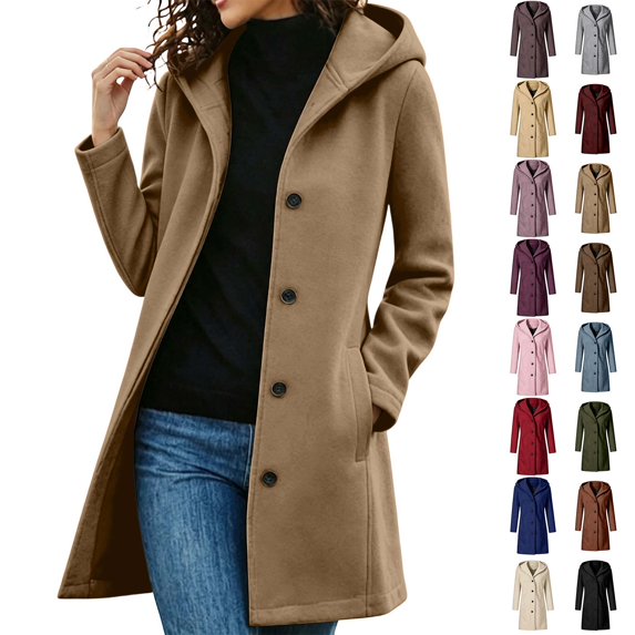 Fanshiluo Women's Hooded Mid Length Single Breasted Coat, Casual Outerwear with Pockets for Fall Winter,Size S-3XL