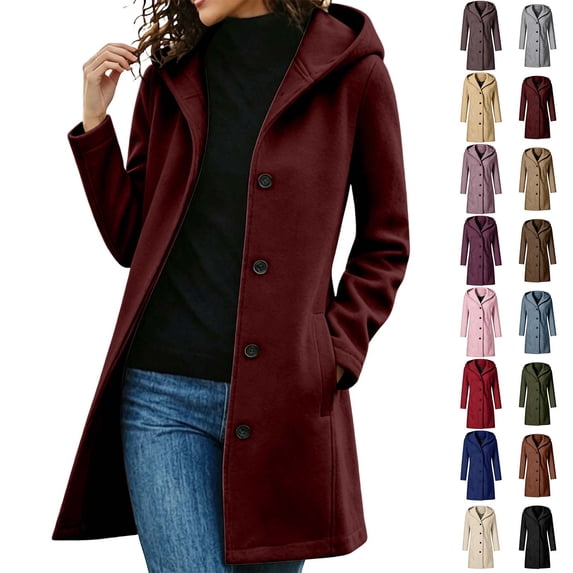 Fanshiluo Women's Hooded Mid Length Single Breasted Coat, Casual Outerwear with Pockets for Fall Winter,Size S-3XL