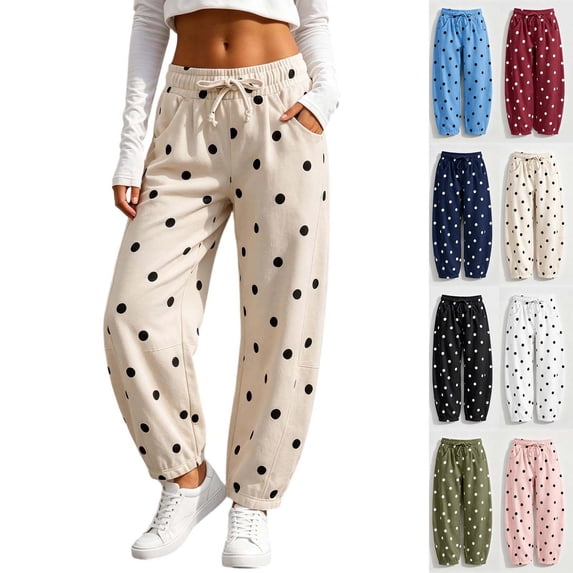 Fanshiluo Women's Polka Dot Drawstring Jogger Pants, Casual Elastic Waist Sweatpants,Size S-2XL