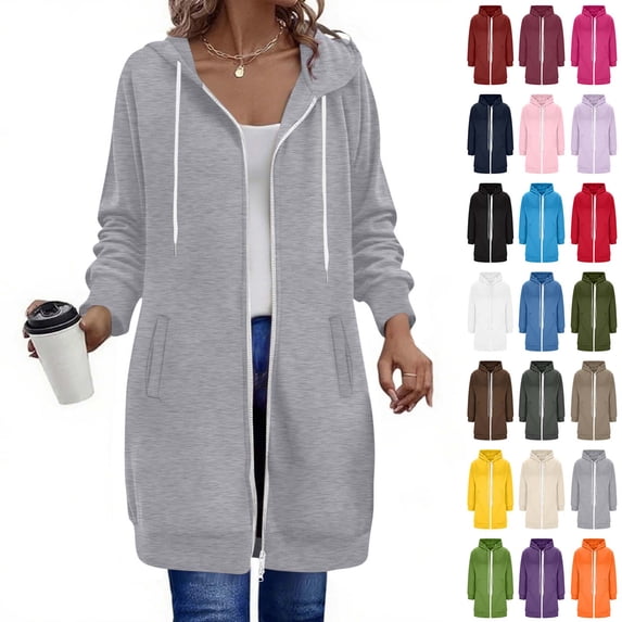 Fanshiluo Women's Zip Up Hoodie Long Jacket, Long Sleeve Casual Open Front Hooded Coat with Pockets,Size S-5XL