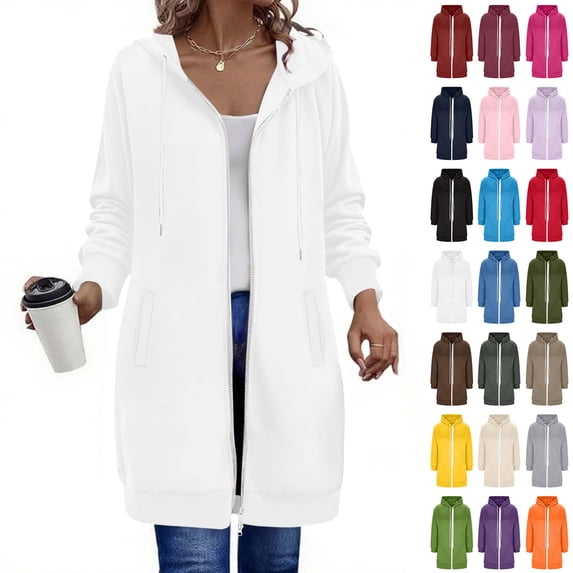 Fanshiluo Women's Zip Up Hoodie Long Jacket, Long Sleeve Casual Open Front Hooded Coat with Pockets,Size S-5XL