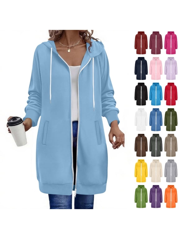 Women's Zip Up Hoodie Long Jacket, Long Sleeve Casual Open Front Hooded Coat with Pockets,Size S-5XL