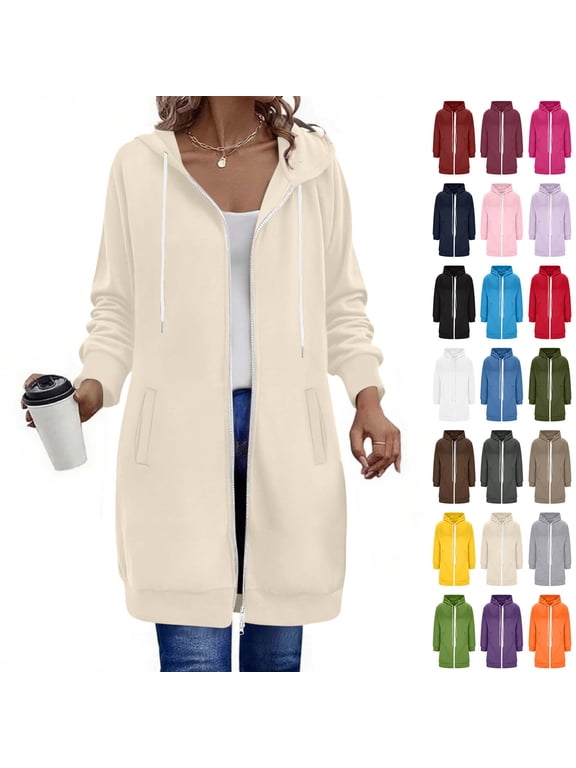 Women's Zip Up Hoodie Long Jacket, Long Sleeve Casual Open Front Hooded Coat with Pockets,Size S-5XL