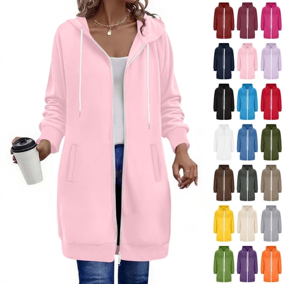 Fanshiluo Women's Zip Up Hoodie Long Jacket, Long Sleeve Casual Open Front Hooded Coat with Pockets,Size S-5XL