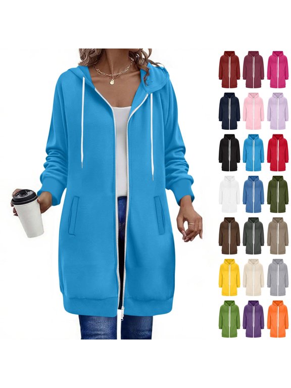 Women's Zip Up Hoodie Long Jacket, Long Sleeve Casual Open Front Hooded Coat with Pockets,Size S-5XL
