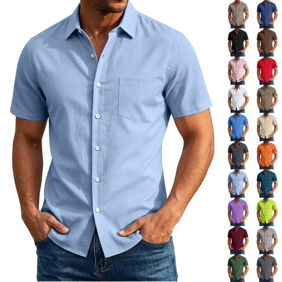 Fanshiluo Men's Pocket Short Sleeve Button Down Shirt,Lightweight Summer Dress Top,L,Big and Tall Men