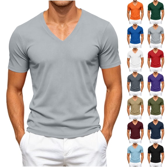Fanshiluo Men's V Neck Solid Color Short Sleeve T-Shirt,Breathable Lightweight Casual Classic Top,M,Big and Tall Men