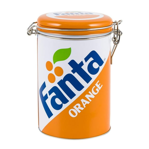 Fanta Orange Food Container Large Round Cylinder All Metal Locking Cookie Jar Metal Canister 7" H 29.8oz/881ml