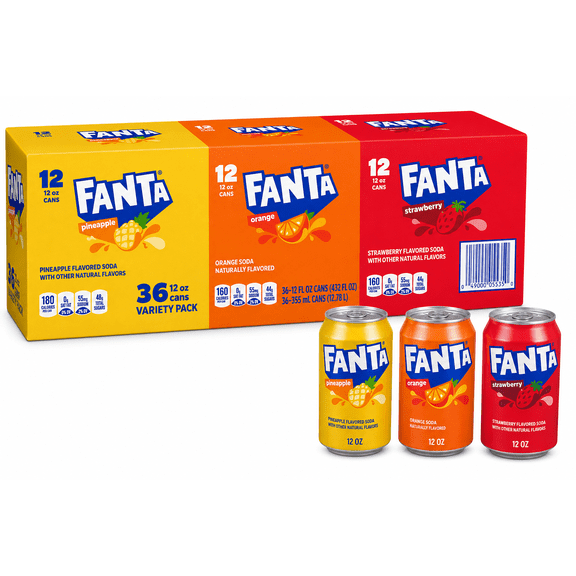 Fanta Variety Pack Soda, Orange, Grape & Strawberry Flavored Carbonated Soft Drinks, 36 Pack, 12 fl oz Aluminum Cans