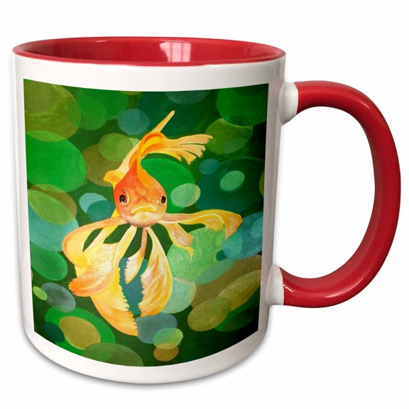 3drose, Fantail Goldfish with Green Bubbles Vector, 15oz Two-tone Red Mug