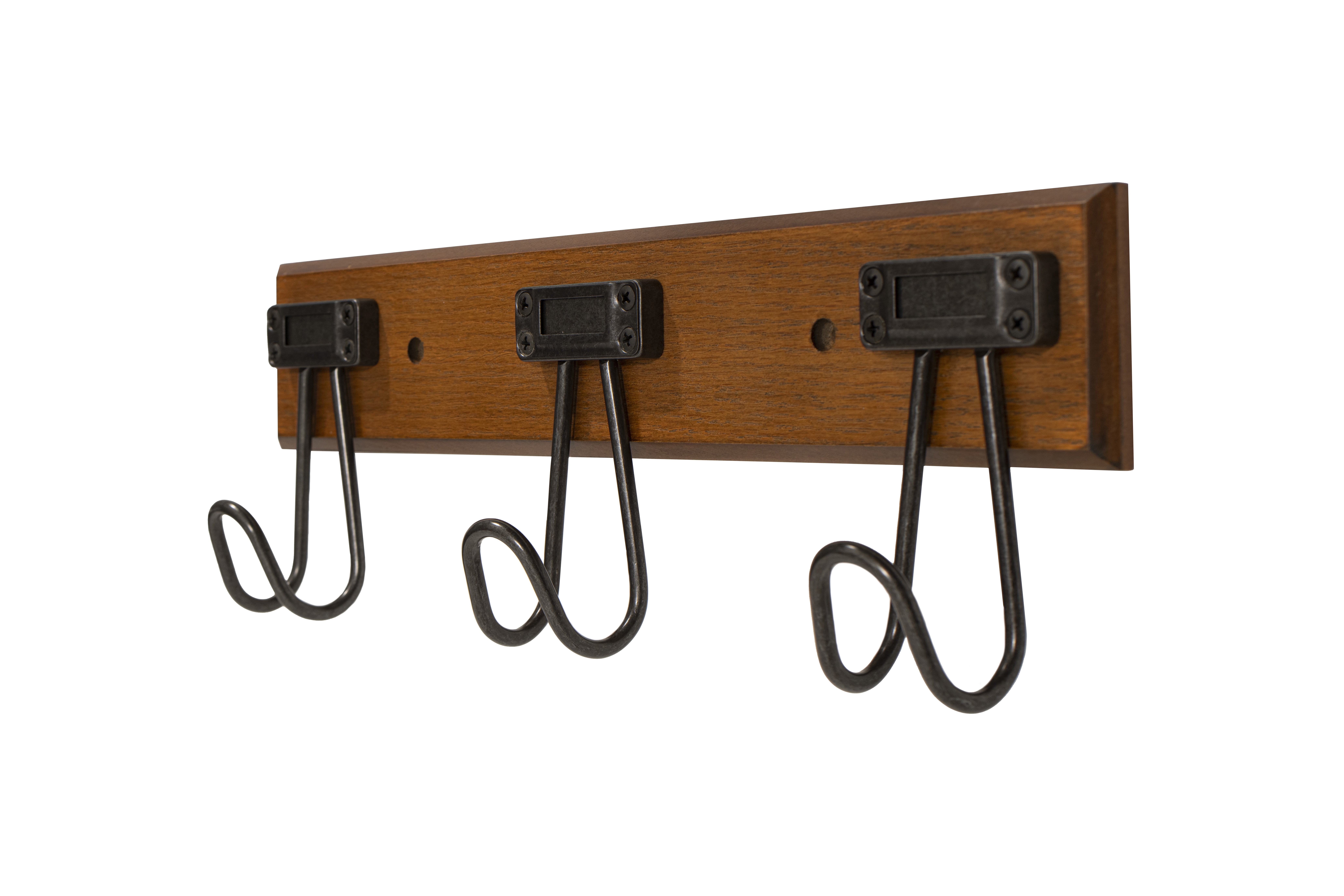 16'' Walnut and Black Metal Wall Mounted Hook Rack with 3 Hooks