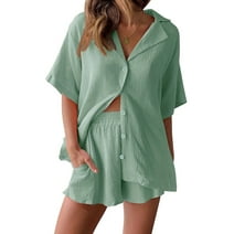 Fantaslook 2 Piece Lounge sets for women Button Down Shirts and Shorts Casual Set Short Sleeve Summer Loungewear Outfits