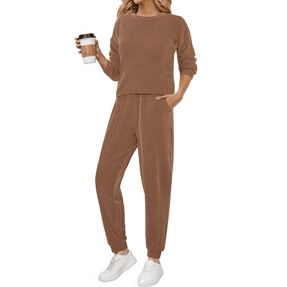 Fantaslook Two Piece Sets for Women Crewneck Long Sleeve Ribbed Sweatsuits Pullover Lounge Set with Pockets Casual Tracksuit Fall Outfits