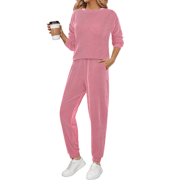 Fantaslook Two Piece Sets for Women Crewneck Long Sleeve Ribbed Sweatsuits Pullover Lounge Set with Pockets Casual Tracksuit Fall Outfits